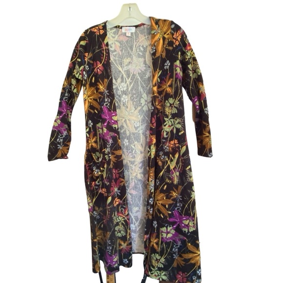 LulaRoe SARAH Black Purple Multicolored Long Cardigan Sweater Pockets Size XS - Picture 4 of 5